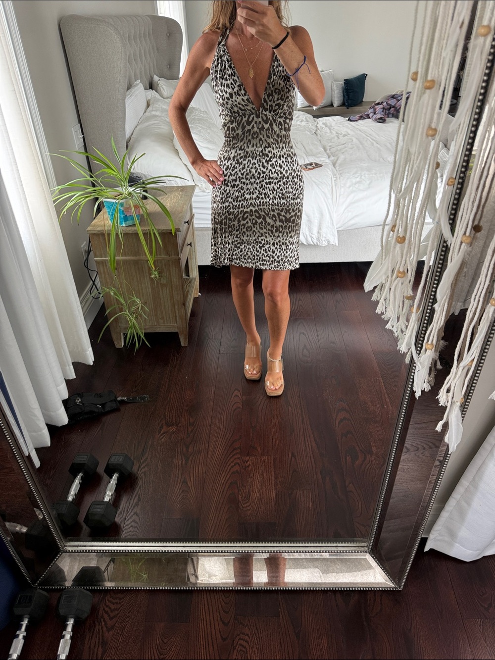 Soundgirl Leopard Print V-Neck Mini Dress - Gray and Black